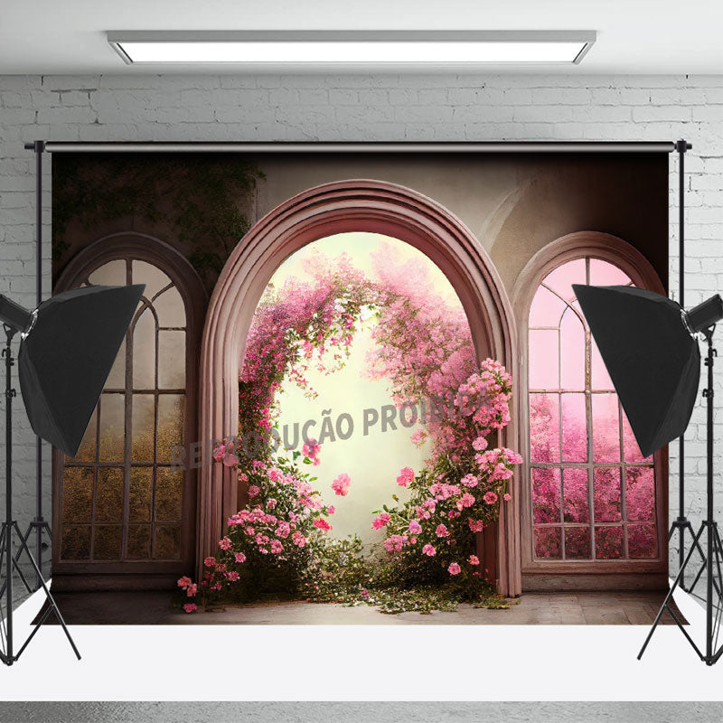 Lofaris Gorgeous Arch Door Pink Floral Portrait Backdrop
