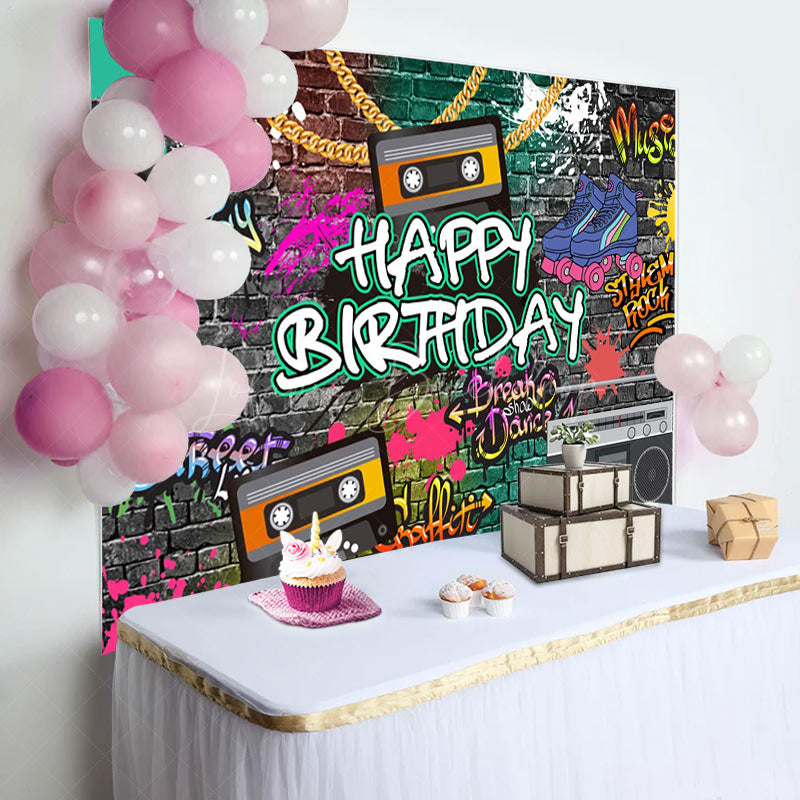 Lofaris Graffiti Wall 90s Speakers Happy Birthday Backdrop