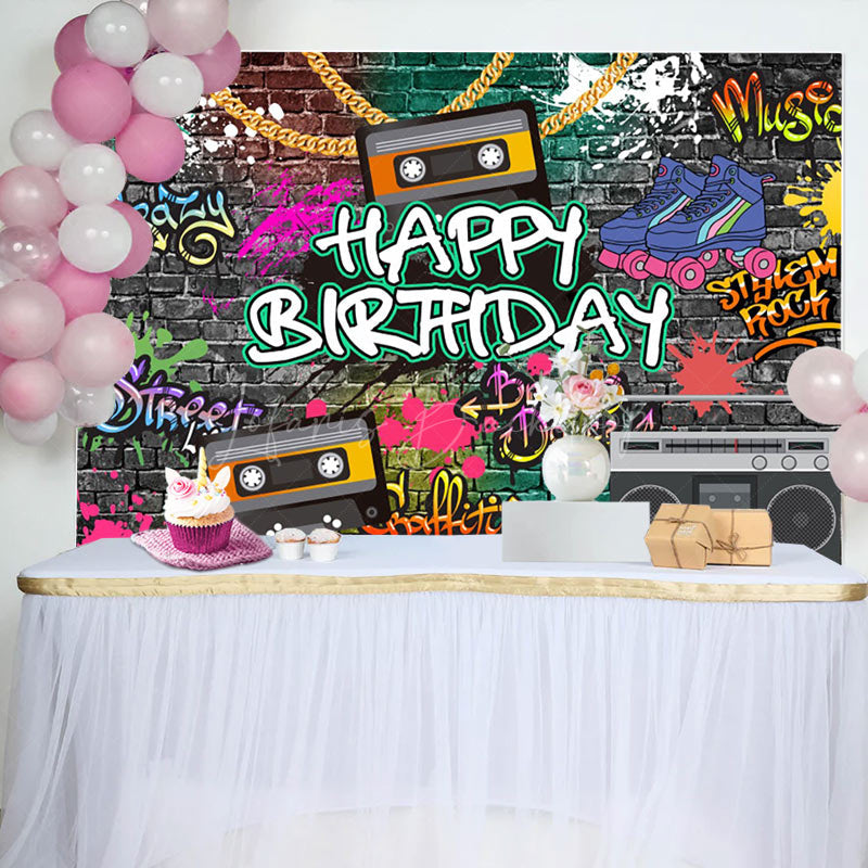 Lofaris Graffiti Wall 90s Speakers Happy Birthday Backdrop