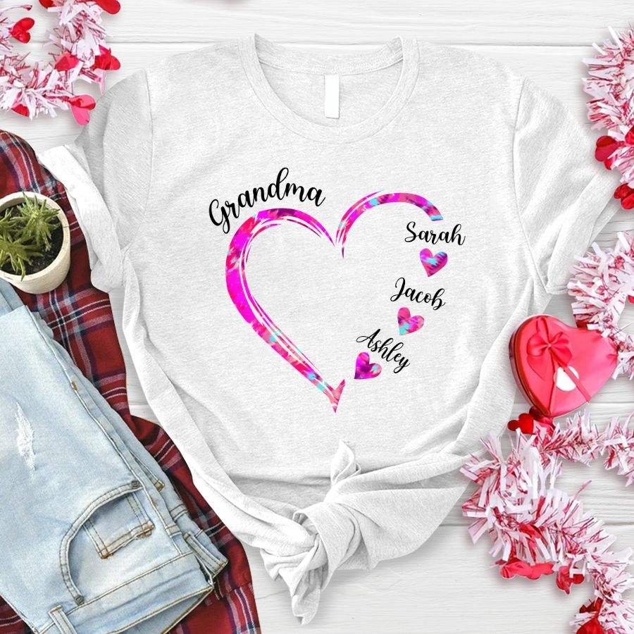 Lofaris Grandma And Kids Pink Color Heart Custom T - Shirt