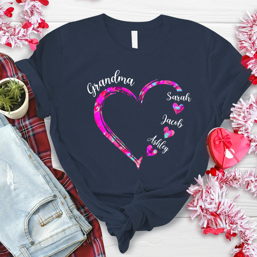 Lofaris Grandma And Kids Pink Color Heart Custom T - Shirt