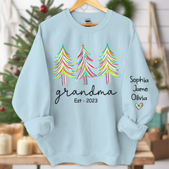 Lofaris Grandma Est Christmas trees color paint And Grandkids Names Sweatshirt
