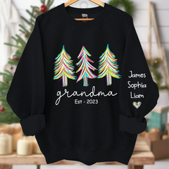 Lofaris Grandma Est Christmas trees color paint And Grandkids Names Sweatshirt
