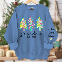 Lofaris Grandma Est Christmas trees color paint And Grandkids Names Sweatshirt