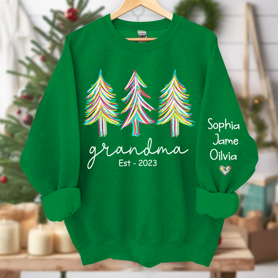Lofaris Grandma Est Christmas trees color paint And Grandkids Names Sweatshirt