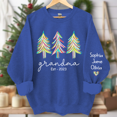 Lofaris Grandma Est Christmas trees color paint And Grandkids Names Sweatshirt