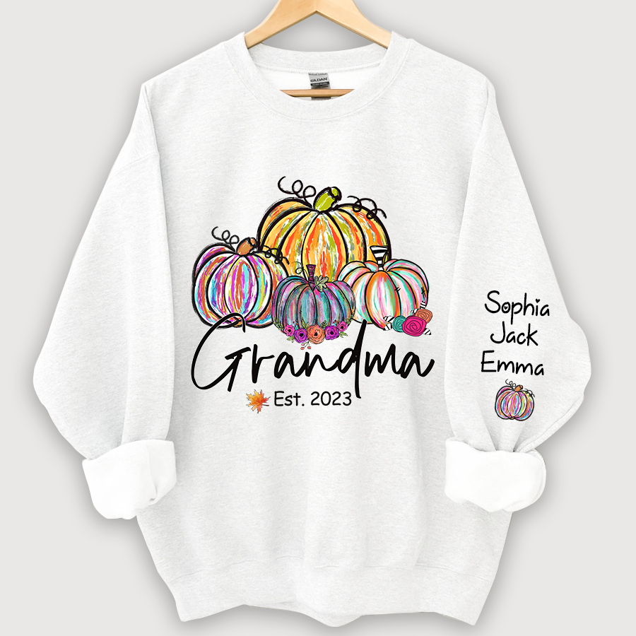 Lofaris Personalized Grandma Est Painted Color Pumpkin And Grandkids Autumn Sweatshirt