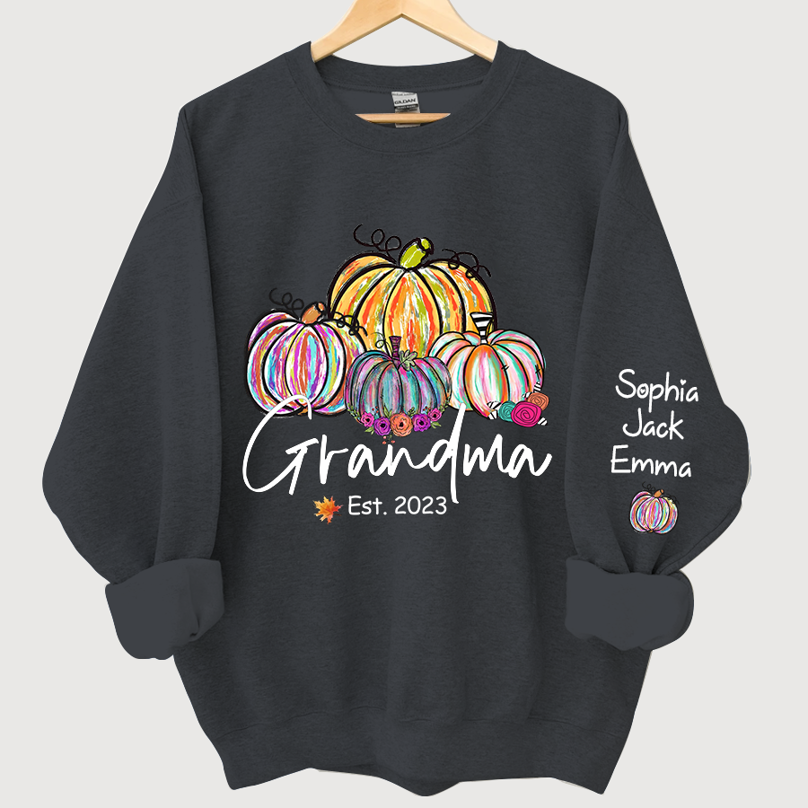 Lofaris Personalized Grandma Est Painted Color Pumpkin And Grandkids Autumn Sweatshirt