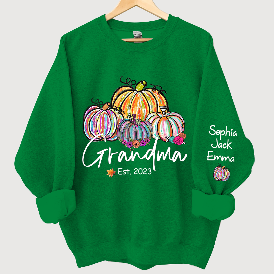 Lofaris Personalized Grandma Est Painted Color Pumpkin And Grandkids Autumn Sweatshirt