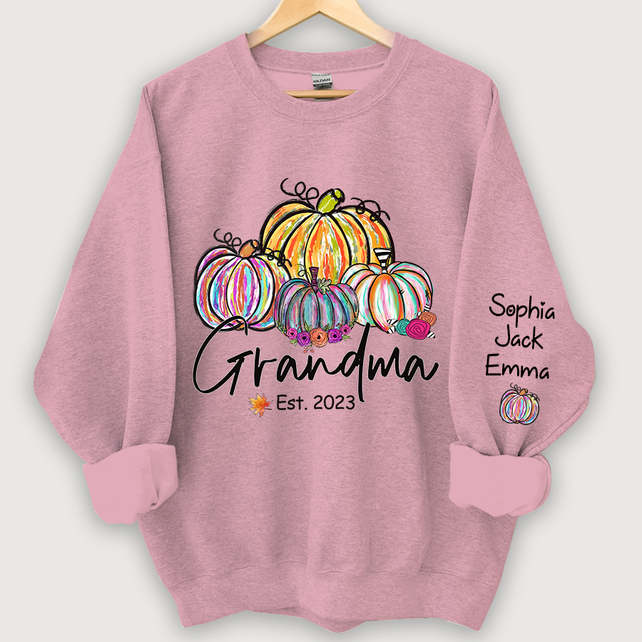 Lofaris Personalized Grandma Est Painted Color Pumpkin And Grandkids Autumn Sweatshirt