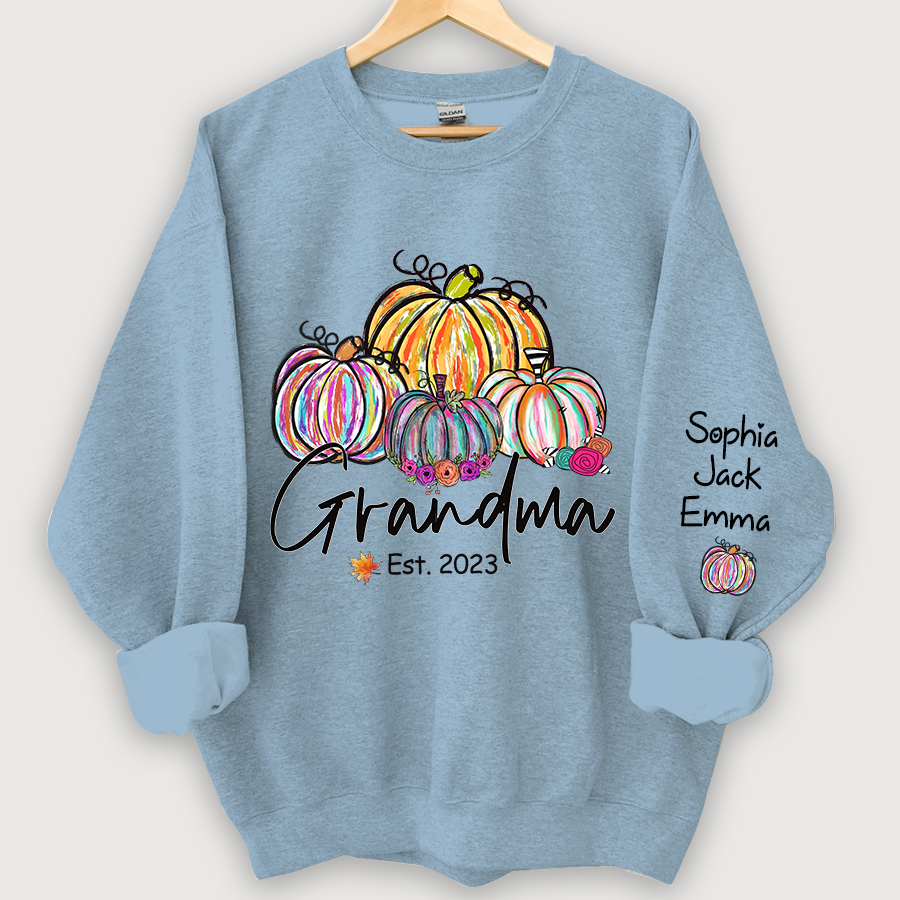 Lofaris Personalized Grandma Est Painted Color Pumpkin And Grandkids Autumn Sweatshirt