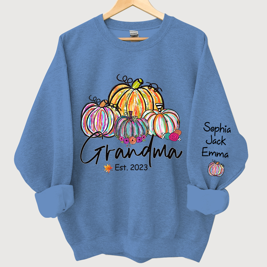 Lofaris Personalized Grandma Est Painted Color Pumpkin And Grandkids Autumn Sweatshirt