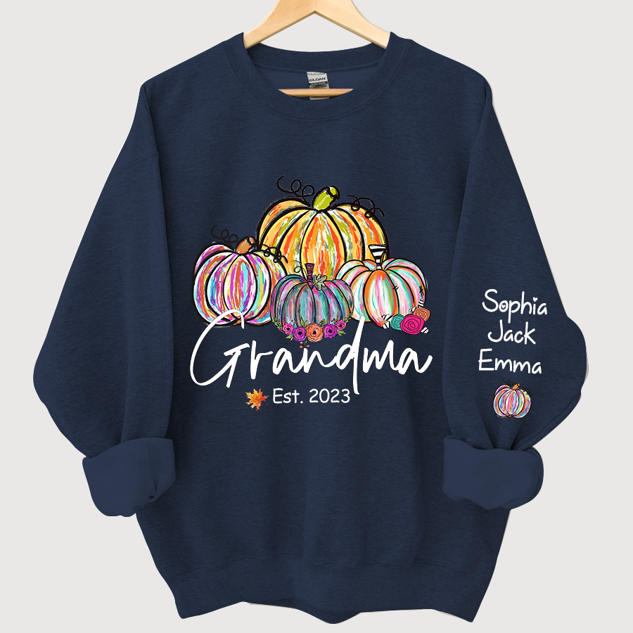Lofaris Personalized Grandma Est Painted Color Pumpkin And Grandkids Autumn Sweatshirt