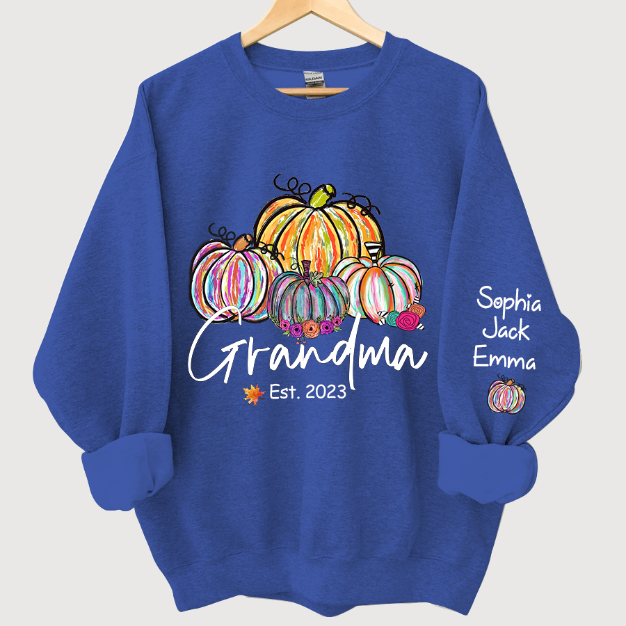 Lofaris Personalized Grandma Est Painted Color Pumpkin And Grandkids Autumn Sweatshirt