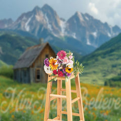 Lofaris Grassland Mountain Wooden House Spring Photo Backdrop