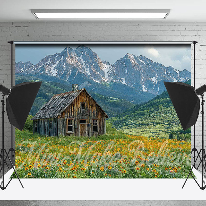 Lofaris Grassland Mountain Wooden House Spring Photo Backdrop