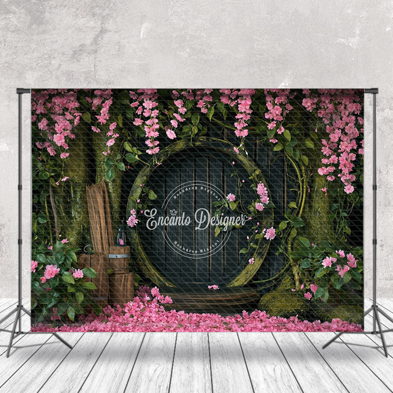 Lofaris Gray Wooden Door Tree Pink Flowers Photo Backdrop