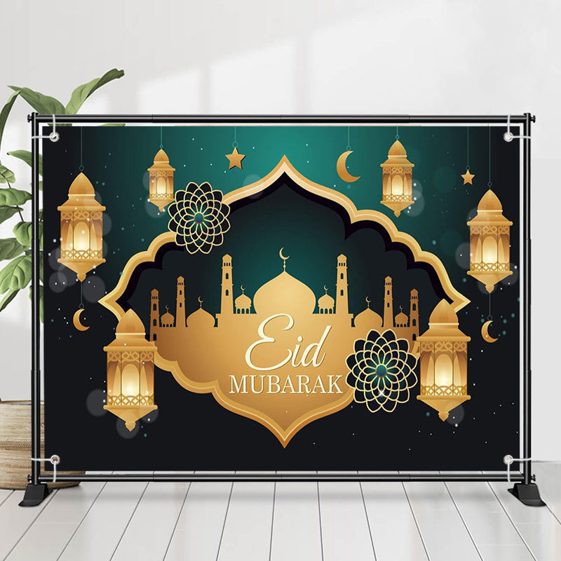 Lofaris Green And Gold Lantern Palace Eid Mubarak Backdrop