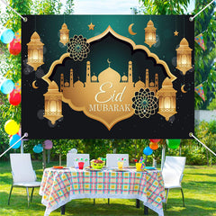 Lofaris Green And Gold Lantern Palace Eid Mubarak Backdrop