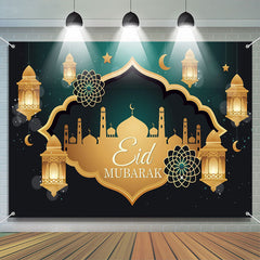 Lofaris Green And Gold Lantern Palace Eid Mubarak Backdrop