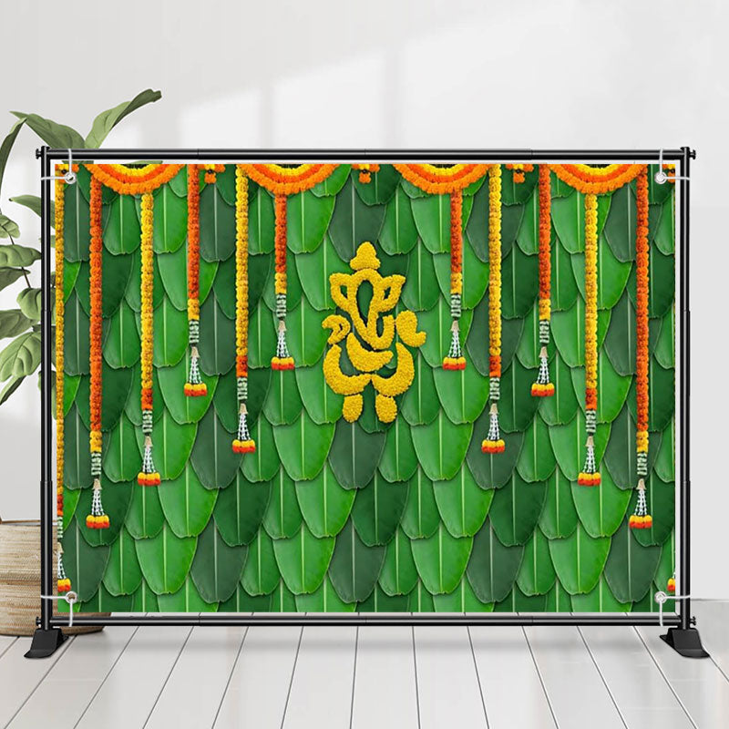 Lofaris Green Banana Leaves Marigold Puja Diwali Backdrop