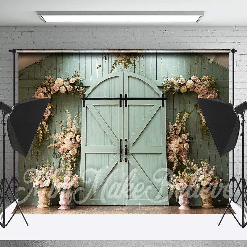 Lofaris Green Barn Door Flower Decoration Photo Backdrop