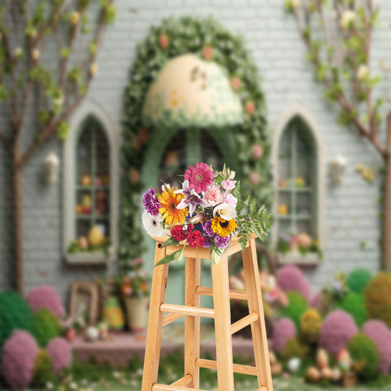 Lofaris Green Brick Wall Door Egg Easter Photo Backdrop