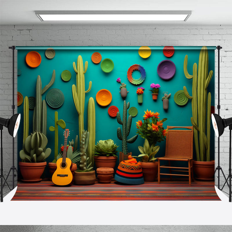 Lofaris Green Cactus Guitar Circle Photography Backdrop