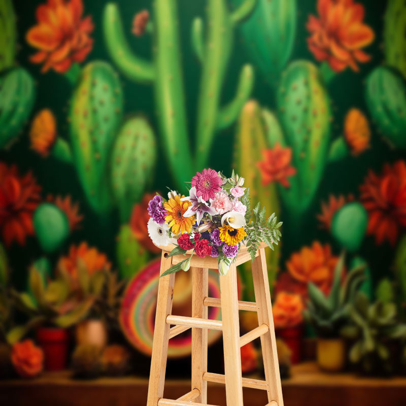 Lofaris Green Cactus Red Flower Mexican Fiesta Photo Backdrop