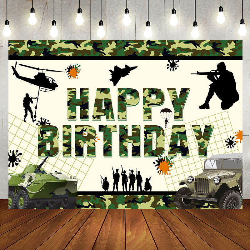 Lofaris Green Camouflage Cool Tank Soldier Birthday Backdrop