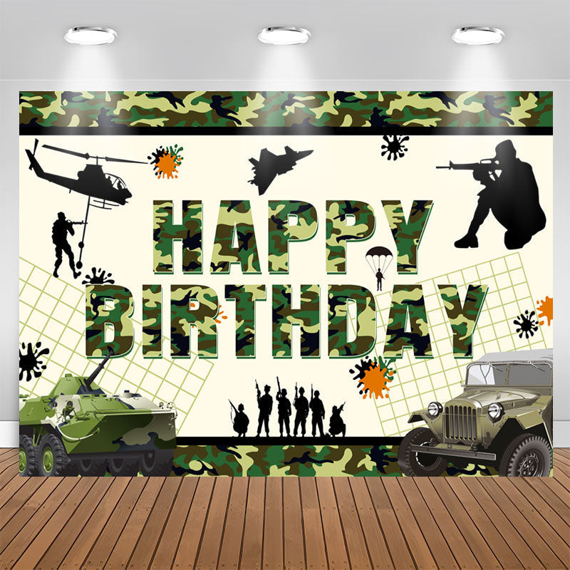 Lofaris Green Camouflage Cool Tank Soldier Birthday Backdrop