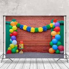 Lofaris Green Door Colorful Balloons Red Brick Backdrop