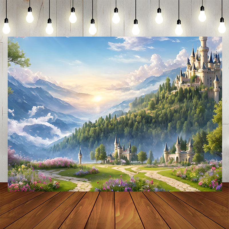 Lofaris Green Floral Wonderland Sky Castle Birthday Backdrop