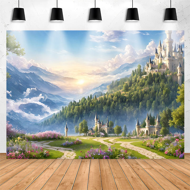 Lofaris Green Floral Wonderland Sky Castle Birthday Backdrop