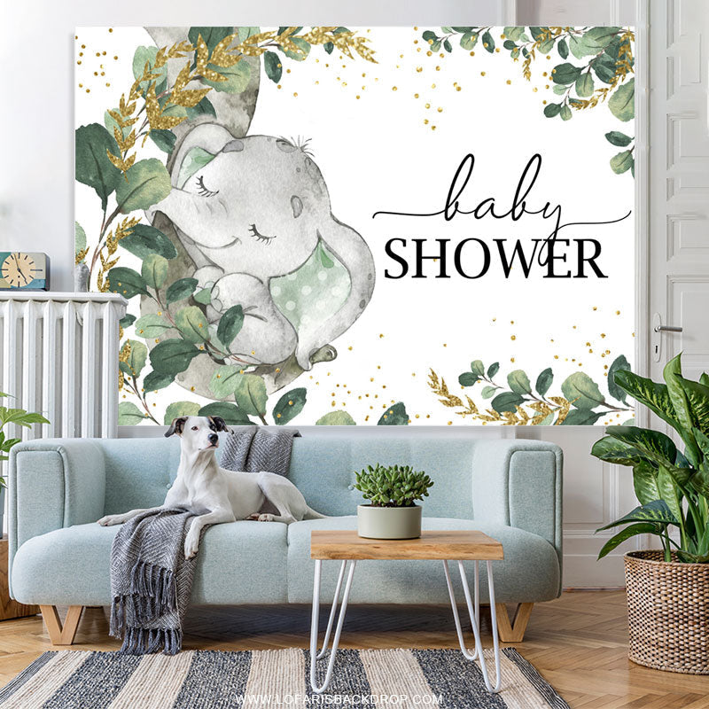 Lofaris Green Gold Leaves Elephant Baby Shower Backdrop