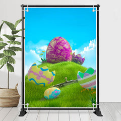 Lofaris Green Grass Colored Eggs Blue Sky Birthday Backdrop