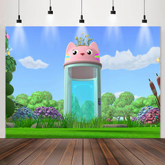 Lofaris Green Grassland Blue Sky Cat Cup Birthday Backdrop