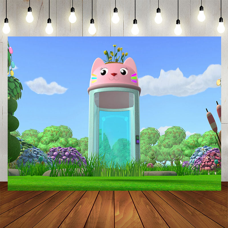 Lofaris Green Grassland Blue Sky Cat Cup Birthday Backdrop