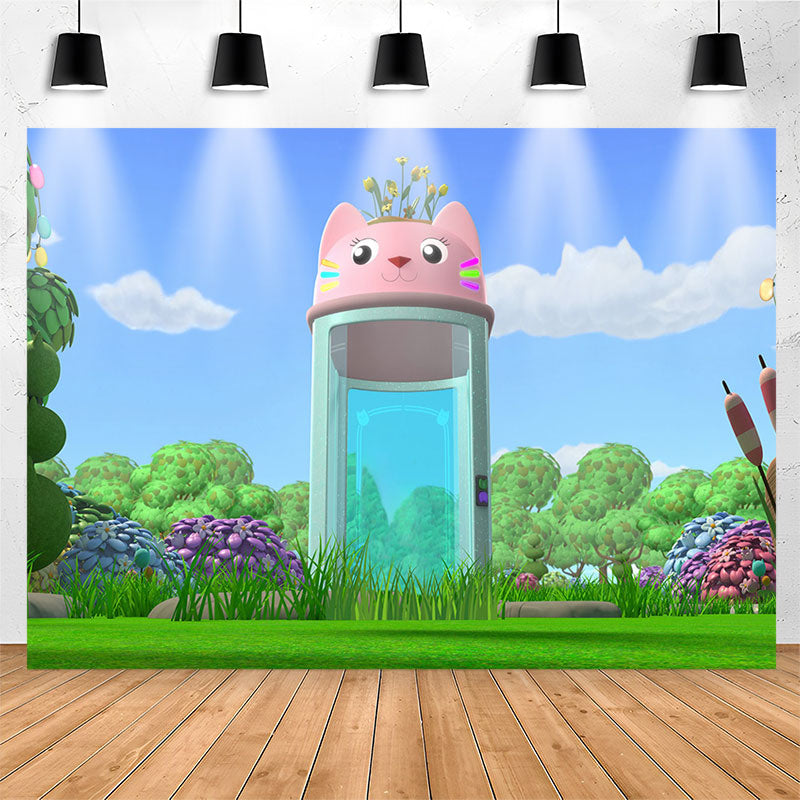 Lofaris Green Grassland Blue Sky Cat Cup Birthday Backdrop