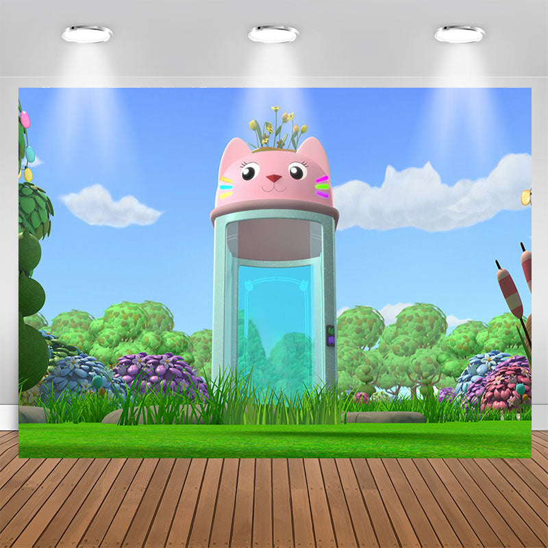 Lofaris Green Grassland Blue Sky Cat Cup Birthday Backdrop