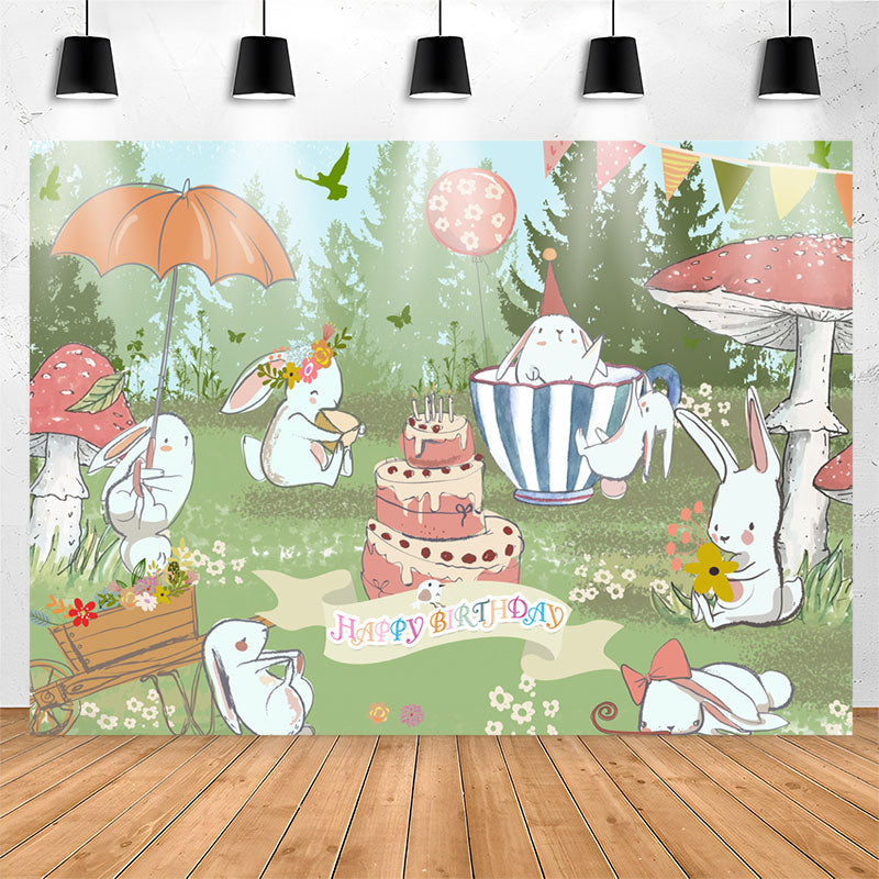 Lofaris Green Grassland Cute Rabbit Happy Birthday Backdrop