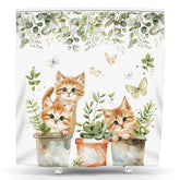 Lofaris Green Leaf Drawing Cats Spring Animal Shower Curtain