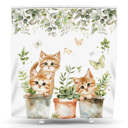 Lofaris Green Leaf Drawing Cats Spring Animal Shower Curtain