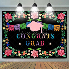 Lofaris Green Leaves And Pink Floral Black Congrats Grad Backdrop