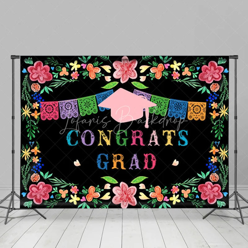 Lofaris Green Leaves And Pink Floral Black Congrats Grad Backdrop