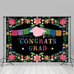 Lofaris Green Leaves And Pink Floral Black Congrats Grad Backdrop