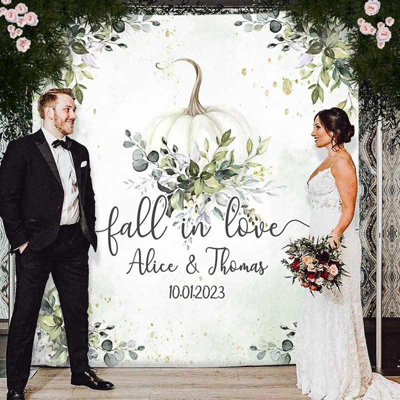 Lofaris Green Leaves And Pumbkin Fall In Love Wedding Backdrop