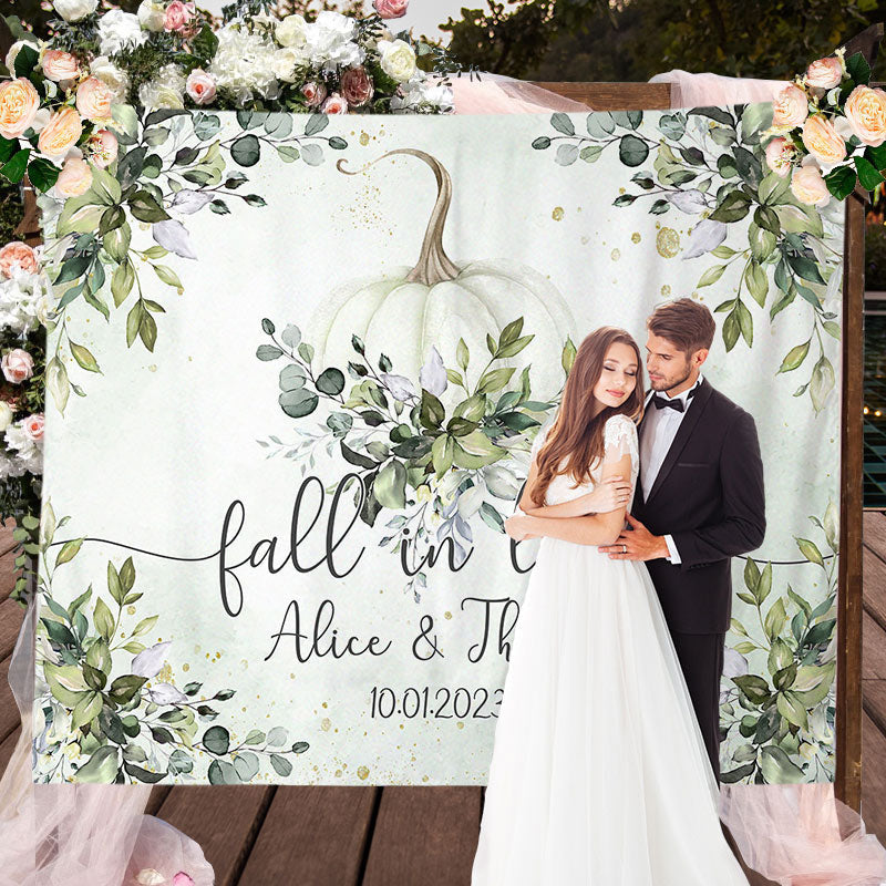 Lofaris Green Leaves And Pumbkin Fall In Love Wedding Backdrop