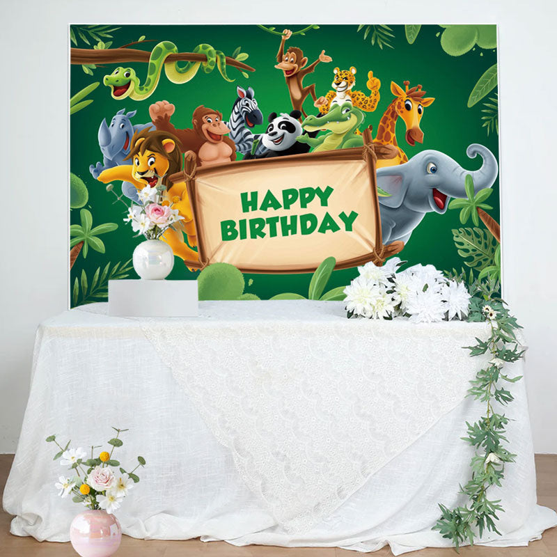 Lofaris Green Leaves Animals Wood Sign Birthday Backdrop