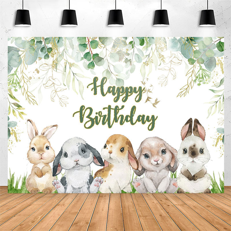 Lofaris Green Leaves Cartoon Rabbit Happy Birthday Backdrop